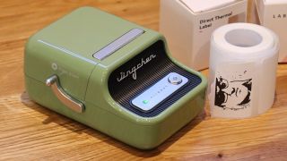 Niimbot B21 review; a small green label printer on a wooden table with rolls of printing paper